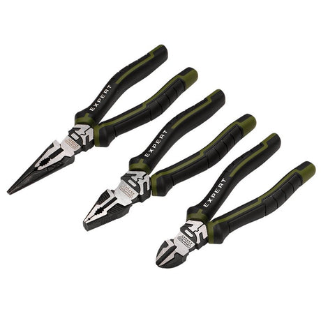 Set of three Draper Expert pliers with black and green handles on a white background