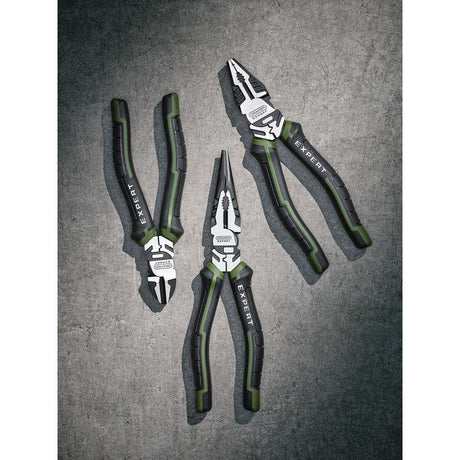 Three Draper pairs of pliers with 'Expert' branding on a gray textured background