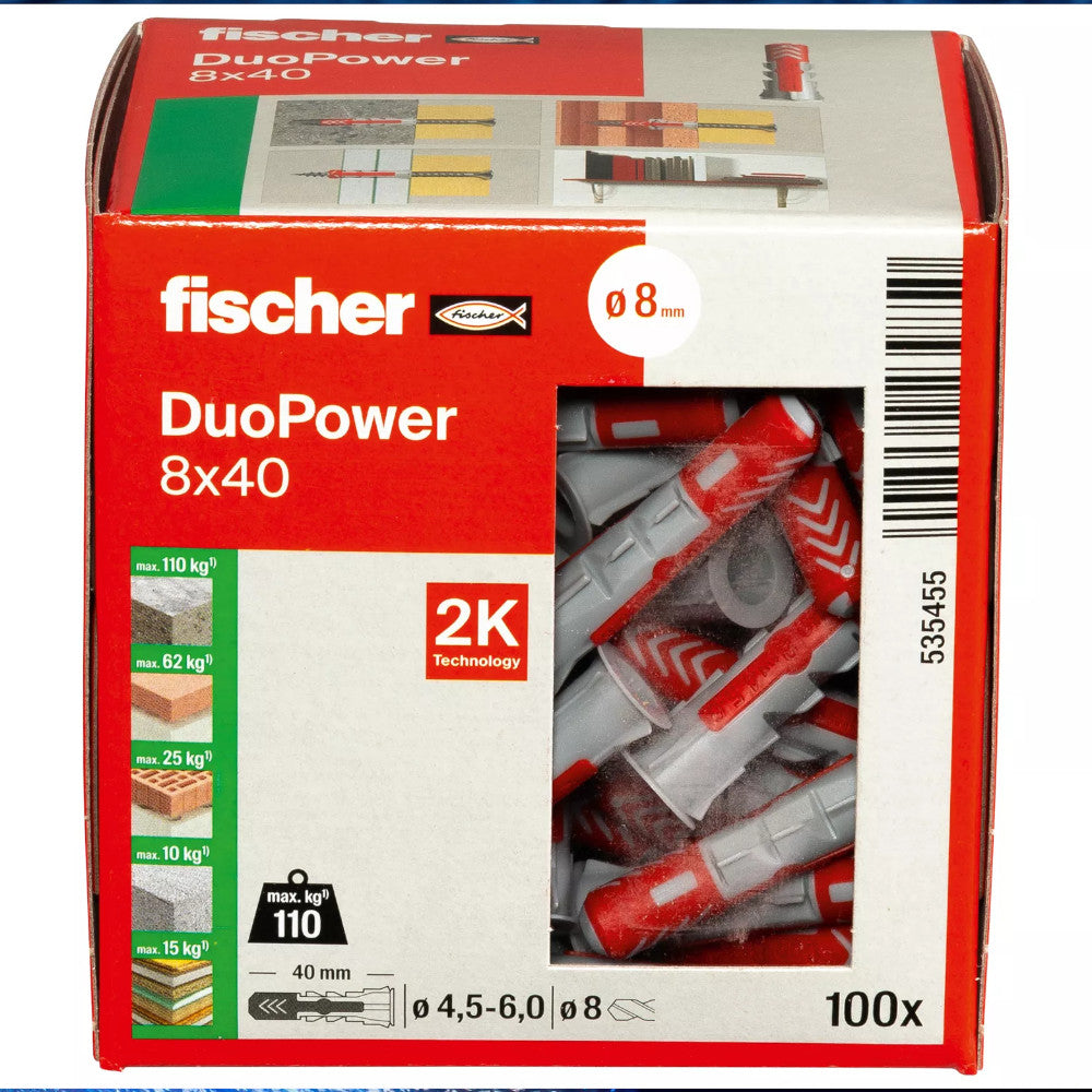 Fischer DuoPower 8x40 packaging with product display