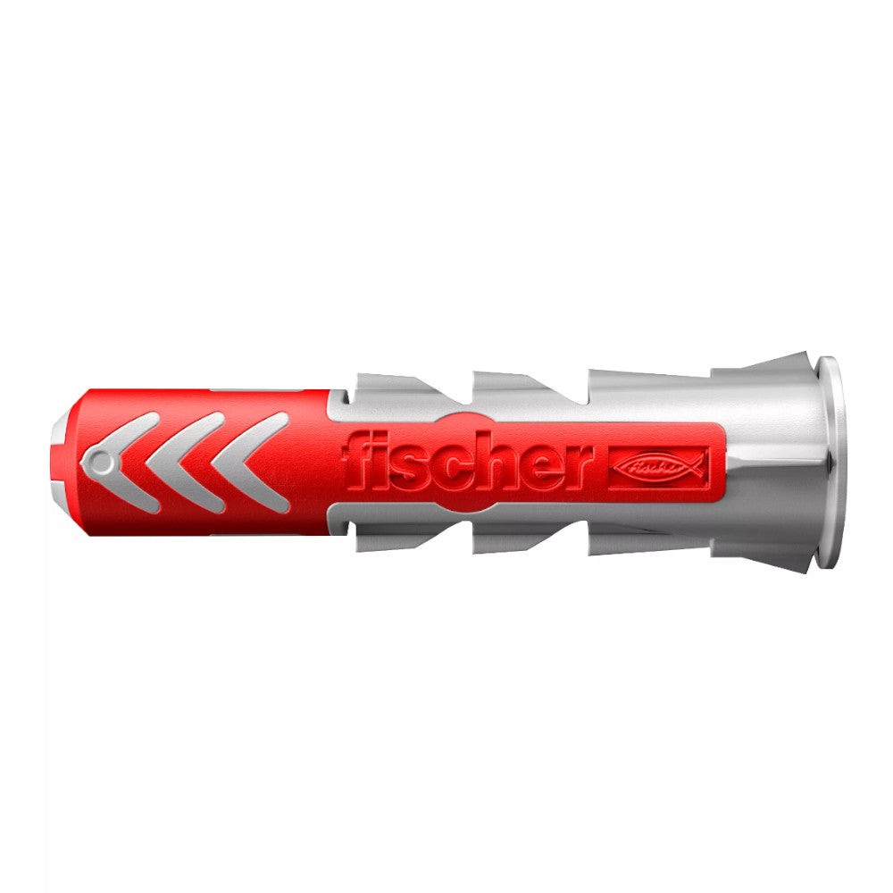 Red and grey Fischer duopower wall plug on a white background