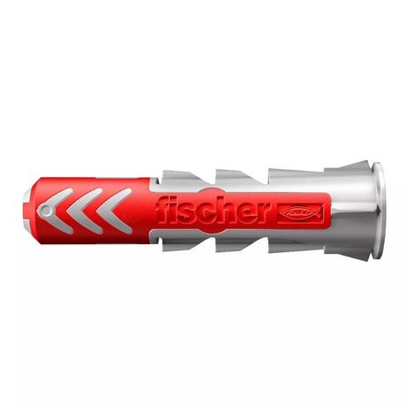 Red and grey Fischer duopower wall plug on a white background
