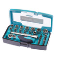 Tool set with ratchet and sockets in a blue and gray case on a white background