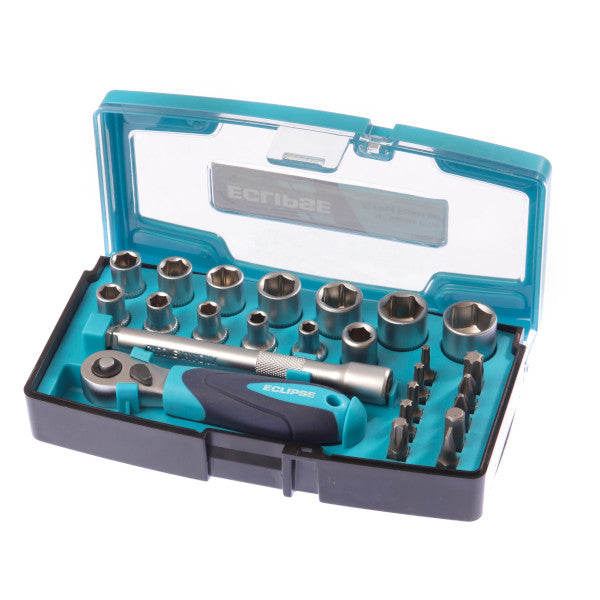 Tool set with ratchet and sockets in a blue and gray case on a white background