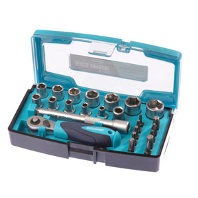 Tool set with ratchet and sockets in a blue and gray case on a white background