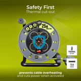 Masterplug Pro-XT 2 Socket, 2 USB A 13A Open Cable Reel 240V