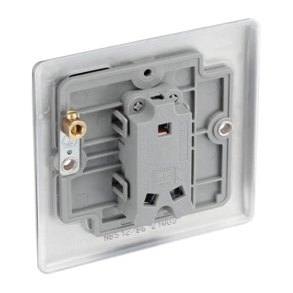 rear view of the BG Nexus Metal Brushed Steel Light Switch on a white background