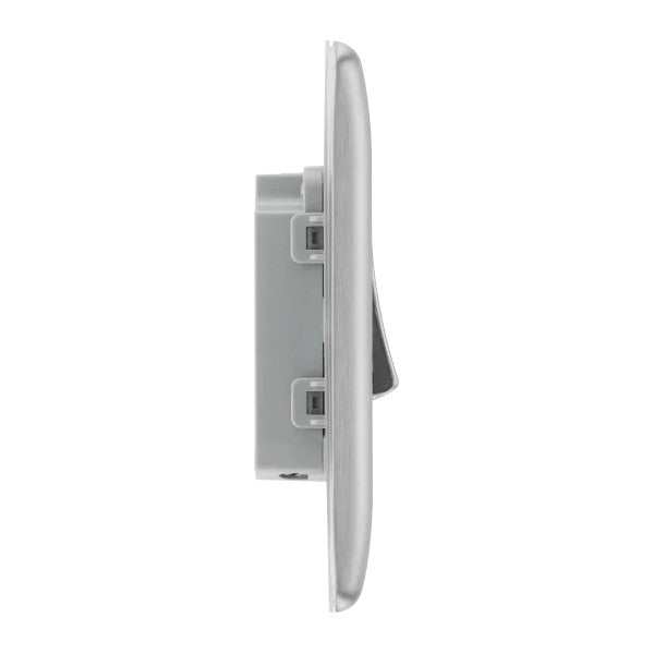 side view of the BG Nexus Metal Brushed Steel Light Switch on a white background.