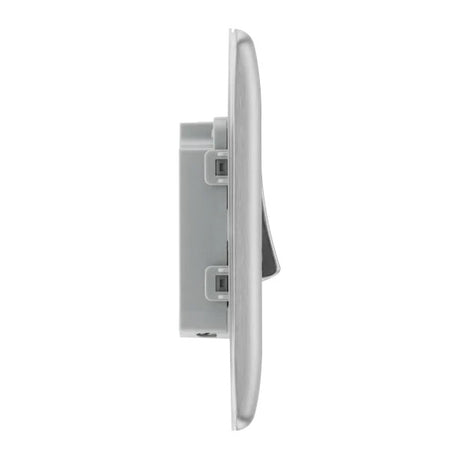 side view of the BG Nexus Metal Brushed Steel Light Switch on a white background.