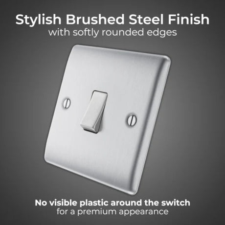 Metallic light switch with 'Stylish Brushed Steel Finish' text on a dark background