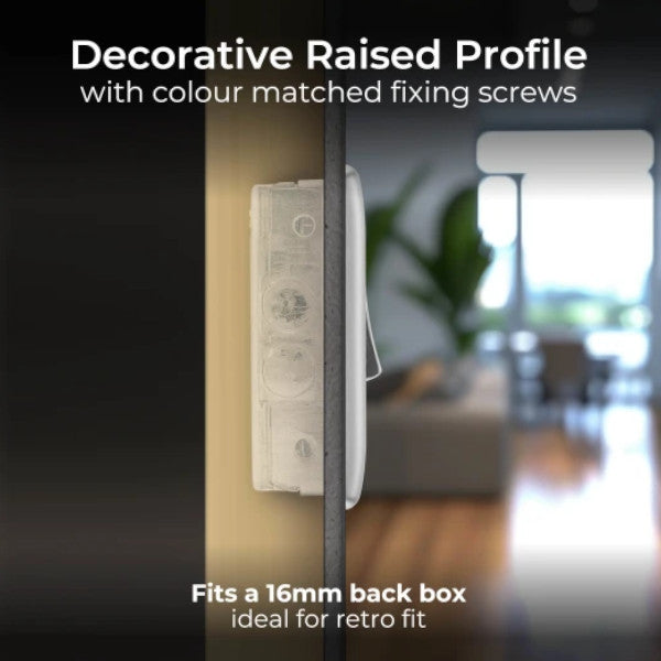 Decorative raised profile with matching screws on a wall, with a blurred background of a room.