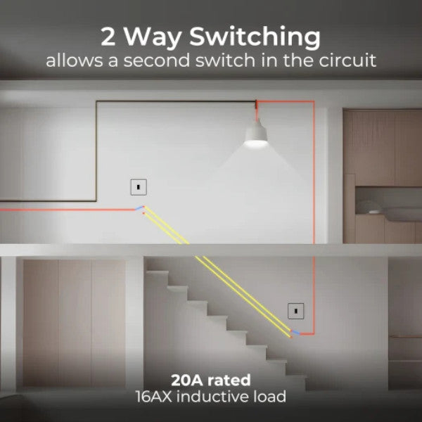 Diagram of two-way switching with a light fixture and staircase in a home setting.