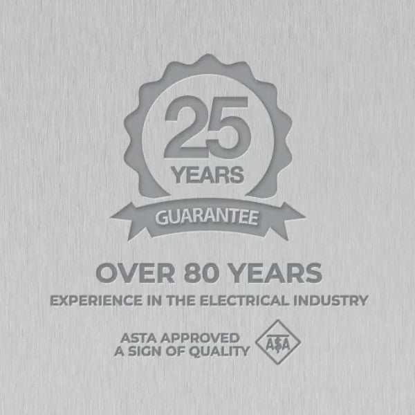 Logo with '25 Years Guarantee' and 'Over 80 Years Experience in the Electrical Industry' on a gray background.