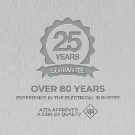 Logo with '25 Years Guarantee' and 'Over 80 Years Experience in the Electrical Industry' on a gray background.