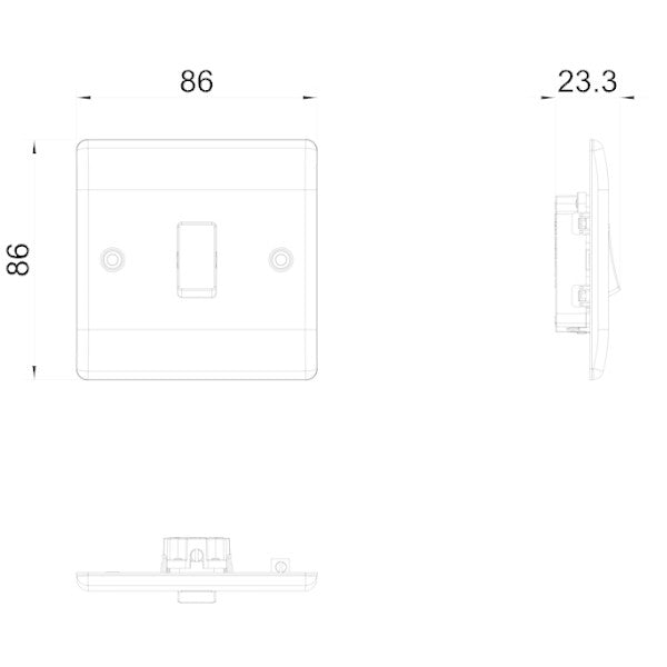 Technical drawing of a light switch and socket layout with dimensions.