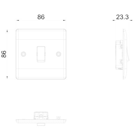 Technical drawing of a light switch and socket layout with dimensions.