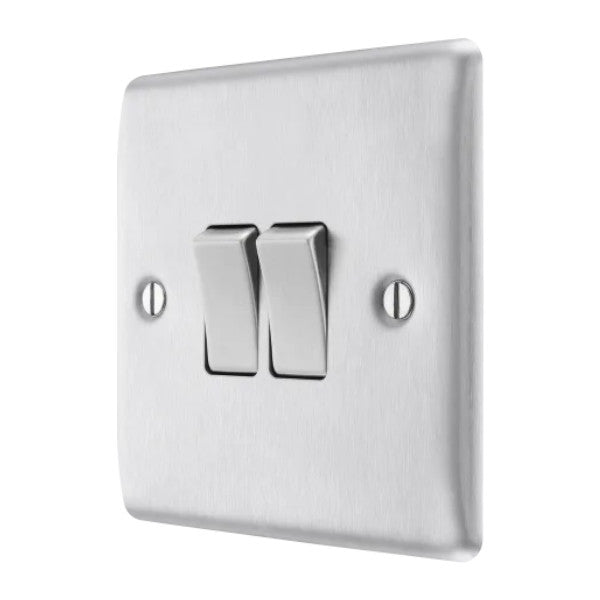 BG Nexus Metal Brushed Steel Double Light Switch 20A, 16AX, 2 Way