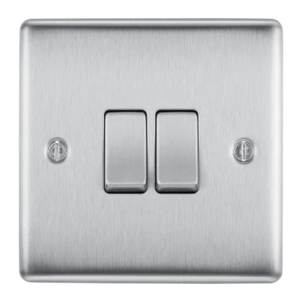 BG Nexus Metal Brushed Steel Double Light Switch 20A, 16AX, 2 Way