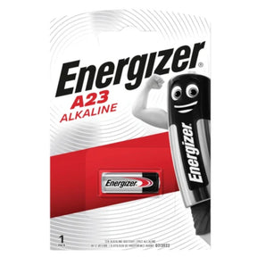 Packaging for Energizer A23 Alkaline battery featuring the battery's label and the brand's logo with a cartoon character on the front.