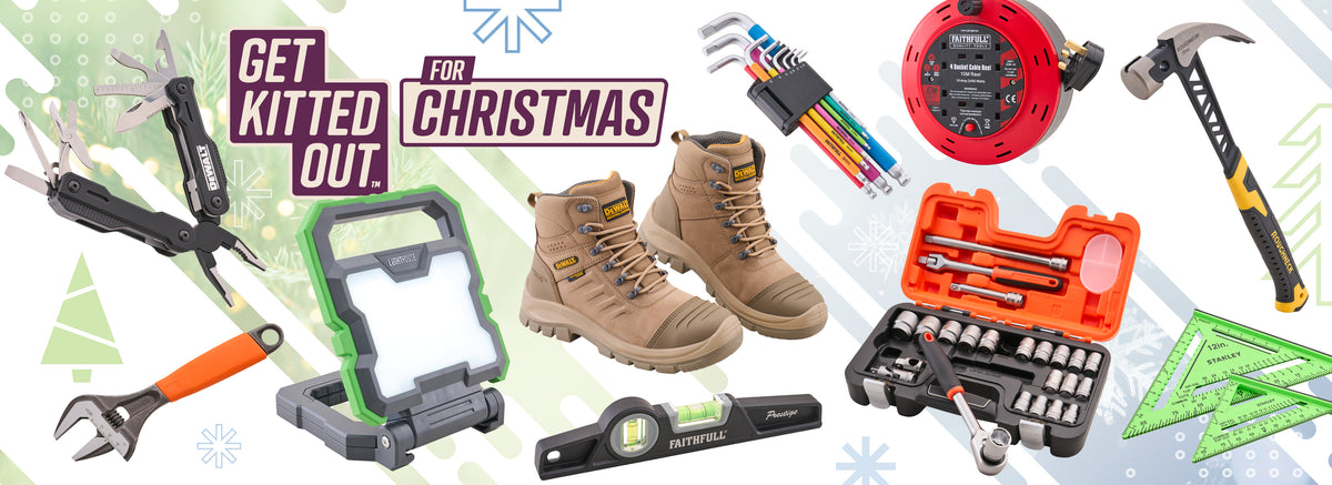 A promotional collage showing multiple hand tools and Christmas themed accessories arranged on a white background with snowflake and tree graphics. Visible items include work boots, a red tape measure, a hammer, an orange socket set, a green-and-black lantern, a level, wrenches, pliers, and other hand tools.