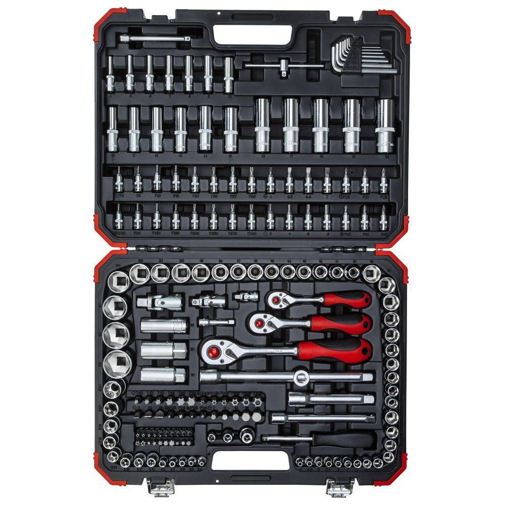 Gedore Red 172 piece socket set with various tools shown top down in an open black case on a white background
