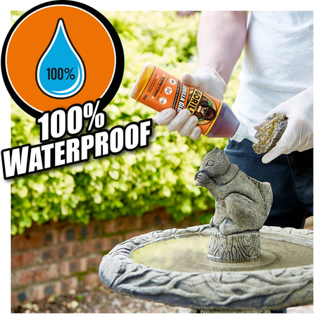 gorilla glue being used to repair a garden fountain. Showcasing the fact it is 100% waterproof.