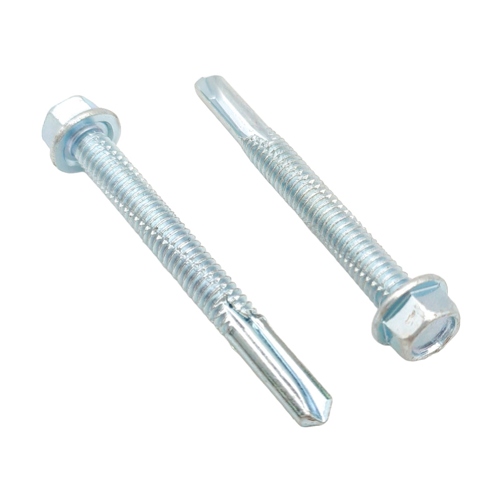 two heavy section self drilling tek screws in BZP, side by side.