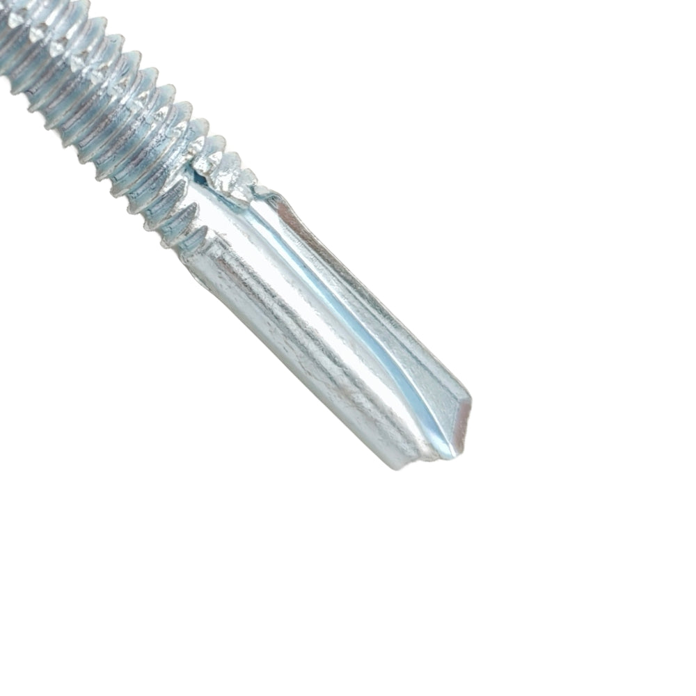 close up image of the self drilling tek screw drill point in BZP.