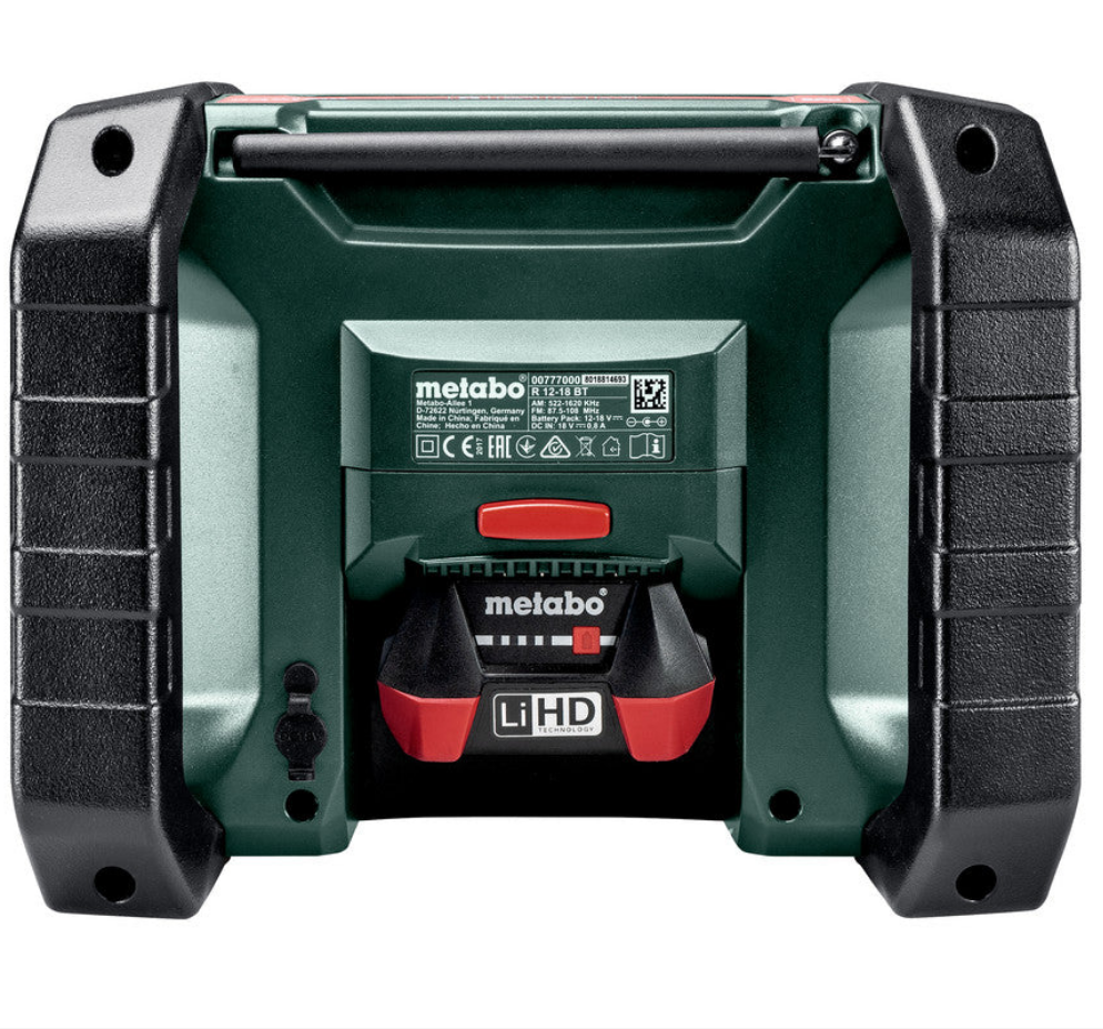 Metabo R 12-18 DAB+ BT (600778380) Cordless Worksite Radio pictured from the back showing a battery inserted. On a white background.