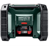 Metabo R 12-18 DAB+ BT (600778380) Cordless Worksite Radio pictured from the back showing a battery inserted. On a white background.