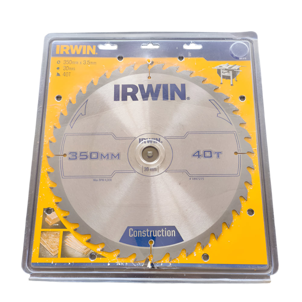 Irwin 1897215 Circular saw blade 350mm x 30mm for wood cutting. On a white background.