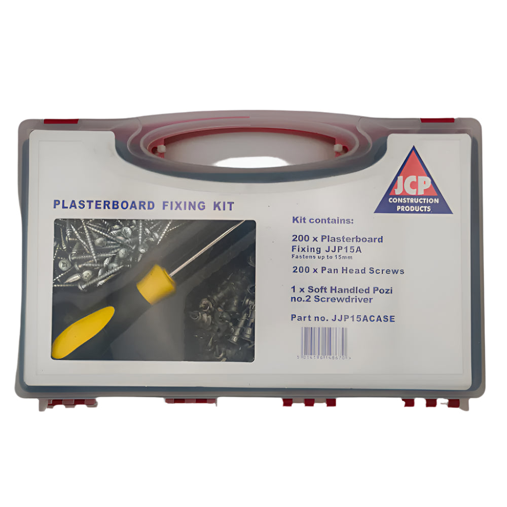 JCP JJP15ACASE easy install plasterboard fixings kit with screwdriver front on.