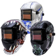 Three welding helmets with different designs on a white background