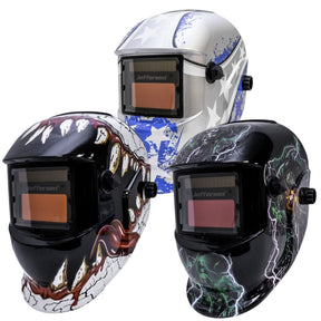Three welding helmets with different designs on a white background