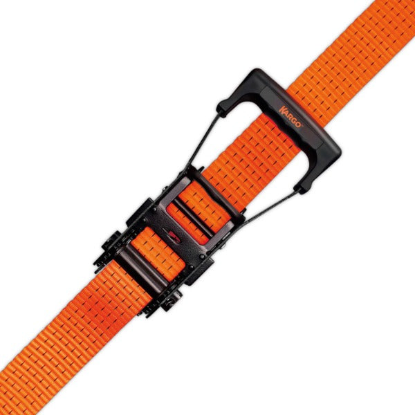 Kargo 8m ultra duty orange ratchet strap with black buckle on a white background
