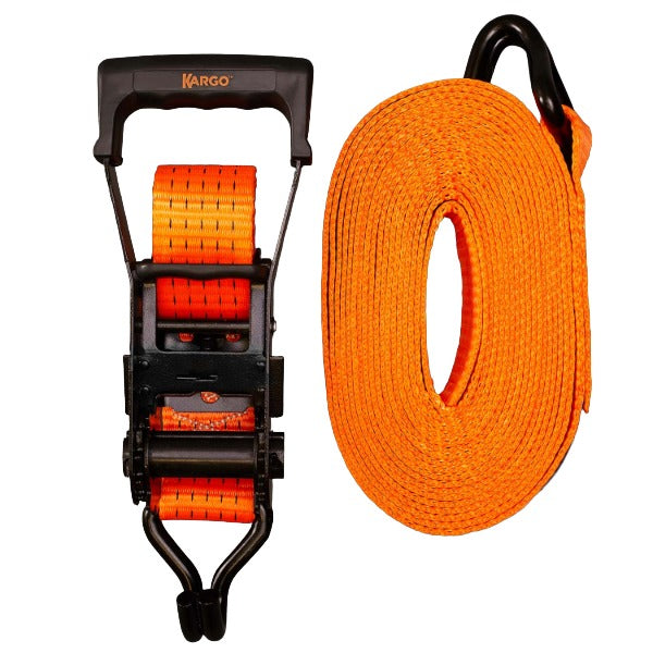 Kargo 8m ultra duty orange ratchet strap with black handles on a white background