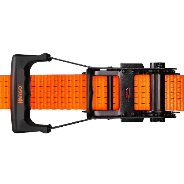 Kargo 8m ultra duty orange ratchet strap with black hardware on a white background