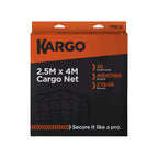 Kargo cargo net packaging with dimensions and features on a white background