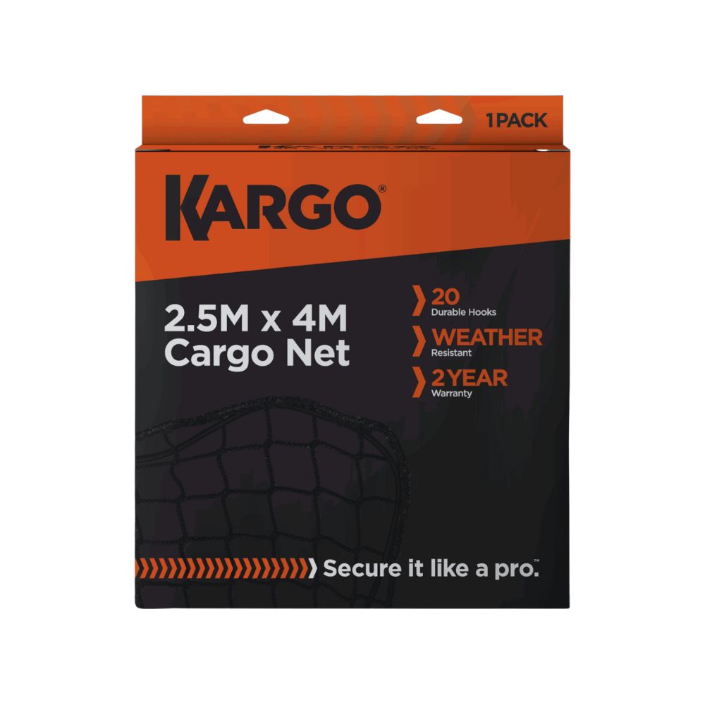 Kargo cargo net packaging with dimensions and features on a white background