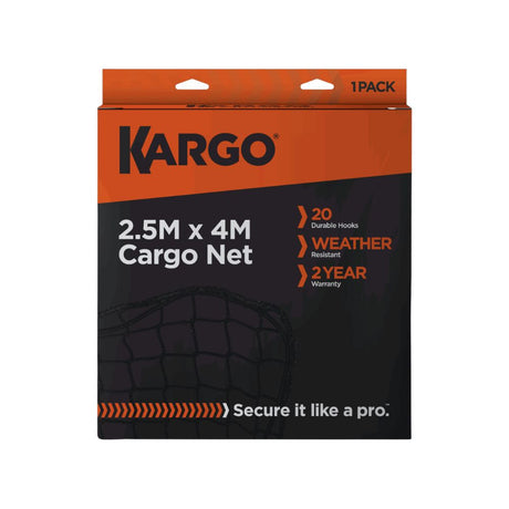 Kargo cargo net packaging with dimensions and features on a white background