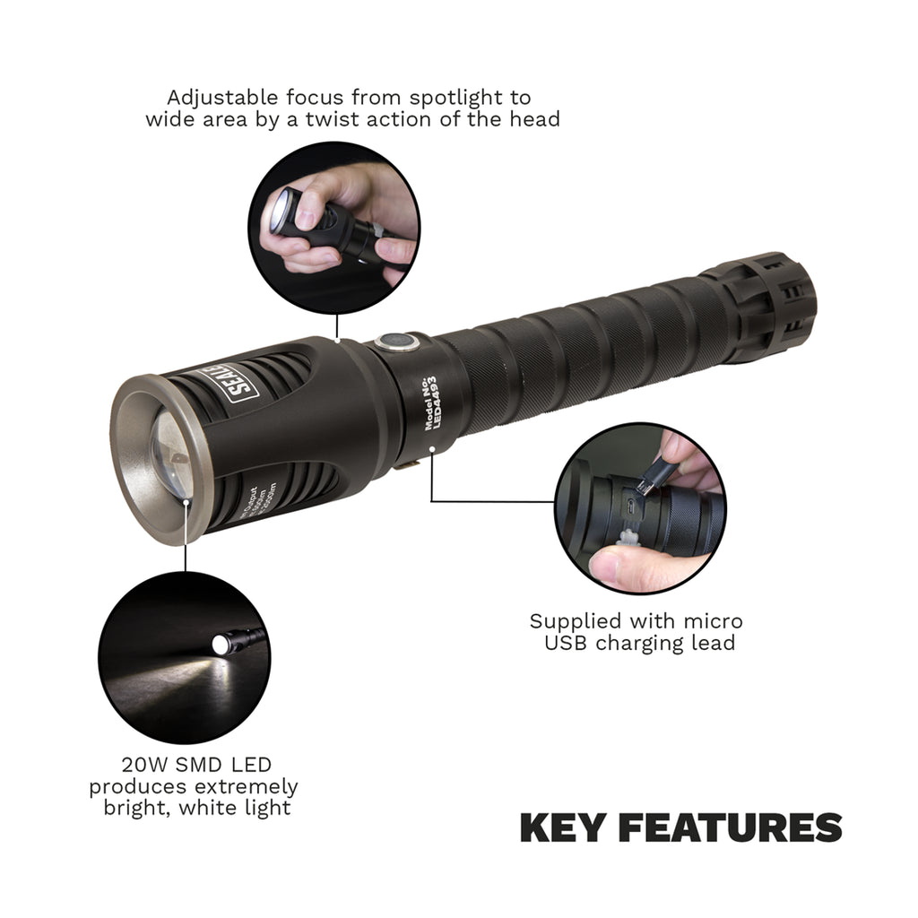 Sealey Rechargeable Aluminium Torch with Adjustable Focus 20W LED | LED4493