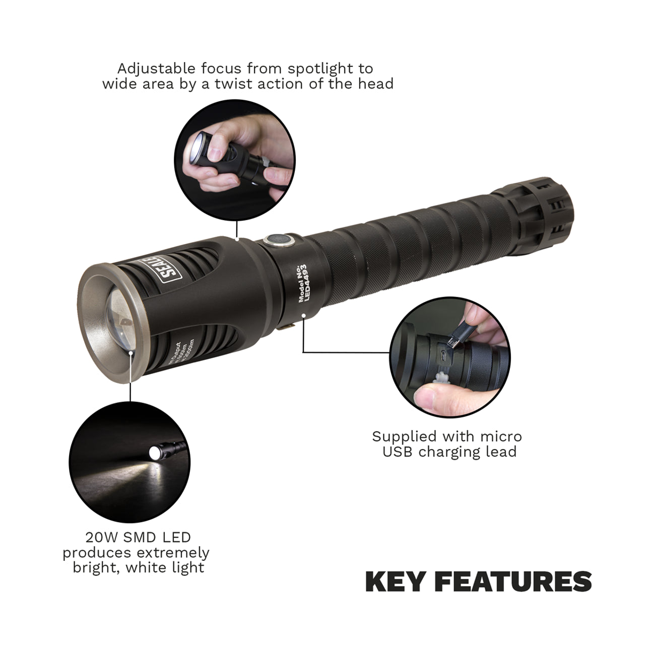 Sealey Rechargeable Aluminium Torch with Adjustable Focus 20W LED | LED4493