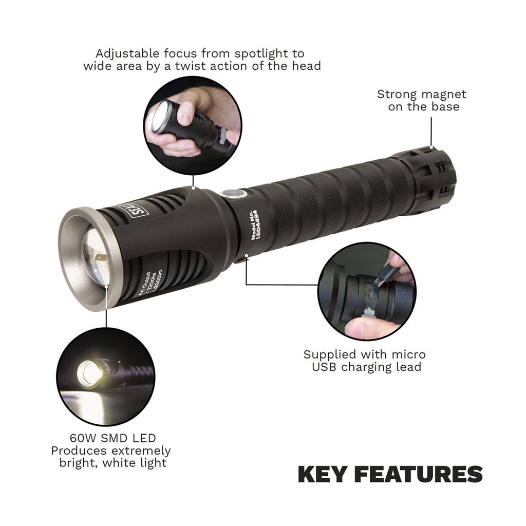 Sealey Rechargeable Aluminium Torch with Adjustable Focus 60w COB LED | LED4494