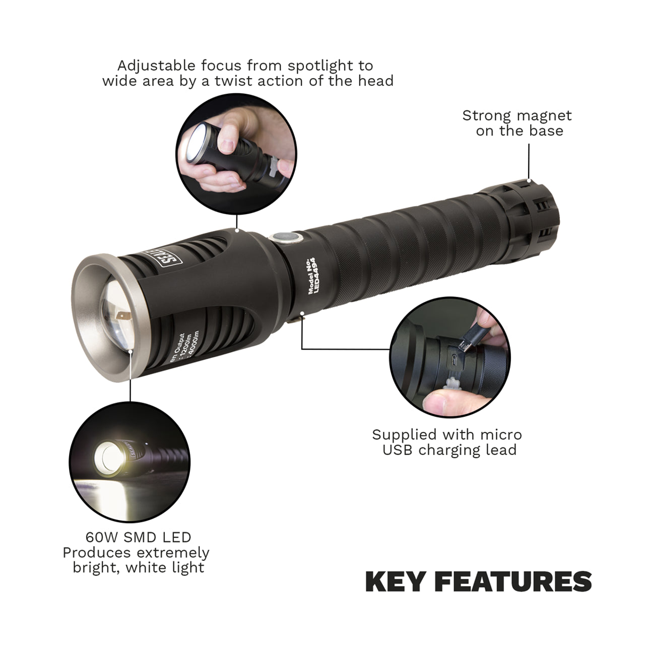 Sealey Rechargeable Aluminium Torch with Adjustable Focus 60w COB LED | LED4494