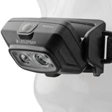 Black LED LENSER HF4R headlamp on a white mannequin head