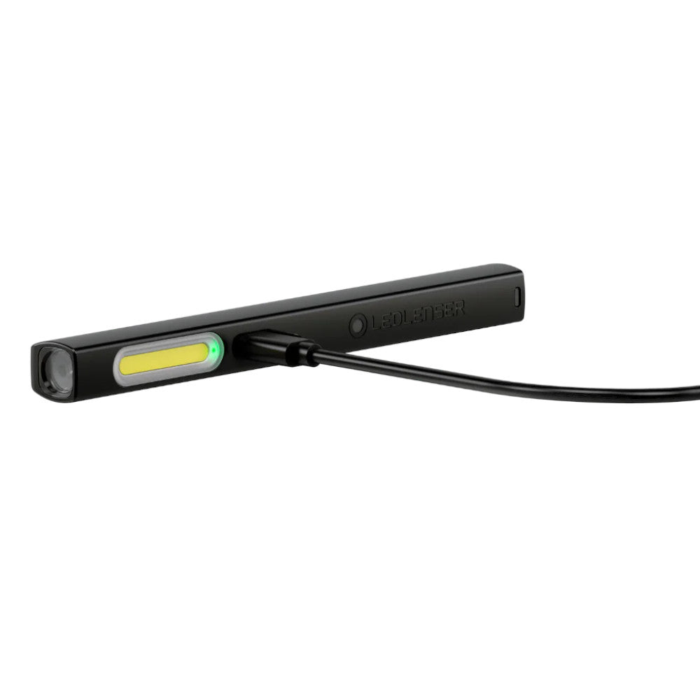Black Ledlenser WR2 Inspection pen light with a yellow light on a white background