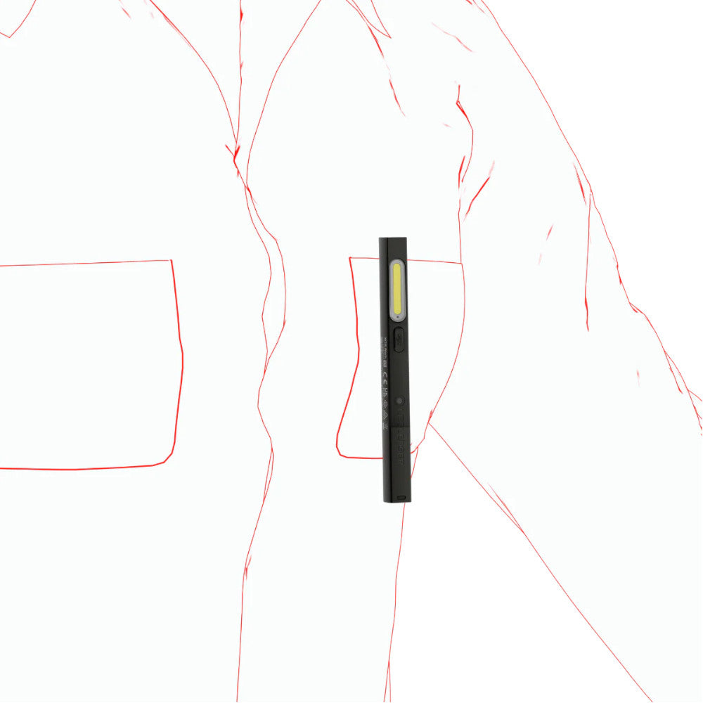 Black Ledlenser WR2 Inspection pen light shown attached to a pocket on a red outline drawing of a person on a white background