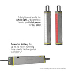 LED flashlight with features highlighted on a white background