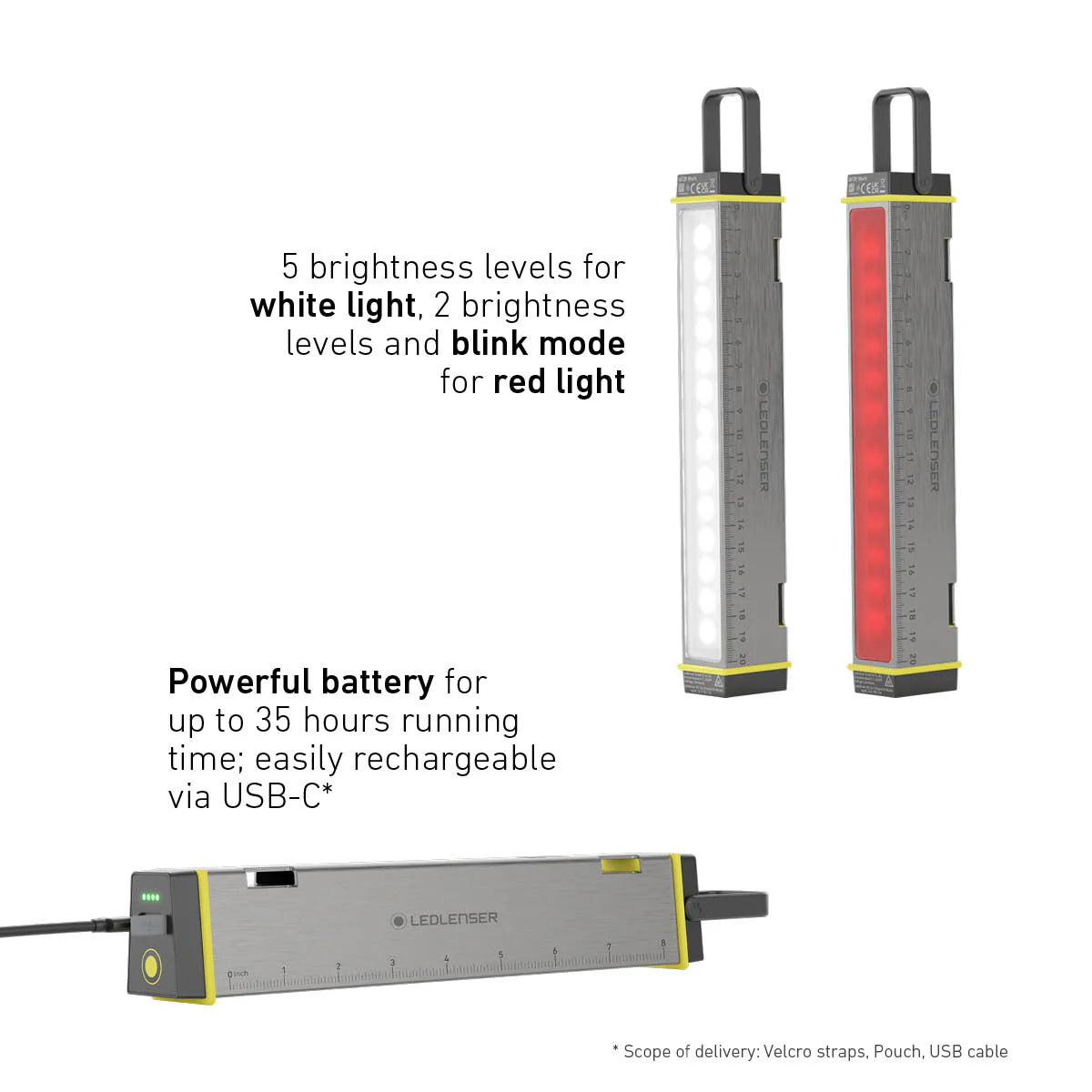 LED flashlight with features highlighted on a white background
