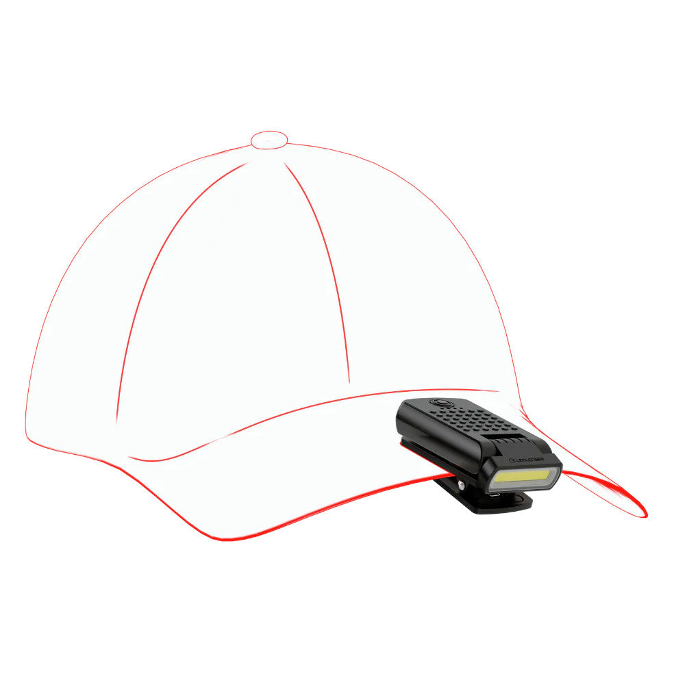 Ledlenser W1R WORK Rechargeable Clip Light shown attached to a drawing of a baseball cap on a white background