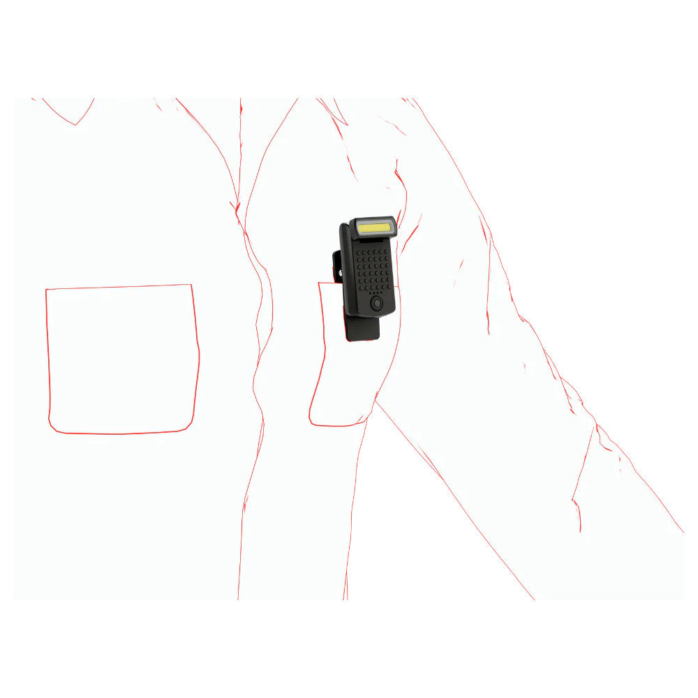 Ledlenser W1R WORK Rechargeable Clip Light shown attached to a shirt pocket on a white background